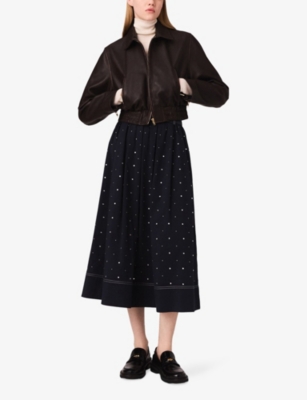 MAJE: Cropped Smocked-Waist Leather Jacket