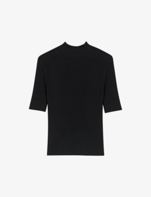 Maje Womens  High-neck Short-sleeve Stretch-cotton Jumper In Noir / Gris