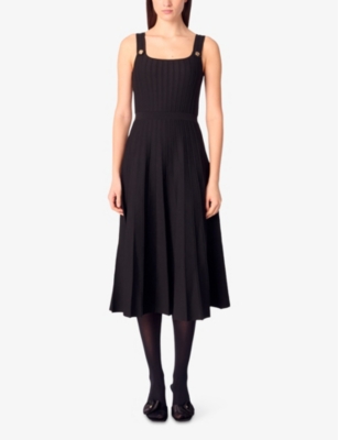 Maje Womens  Pleated Scoop-neck Knitted Midi Dress In Noir / Gris