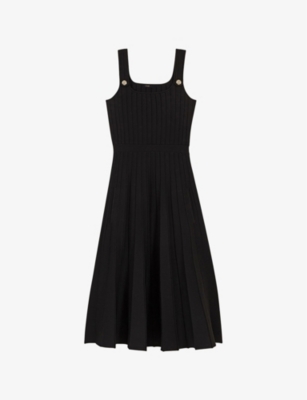 Maje Womens  Pleated Scoop-neck Knitted Midi Dress In Noir / Gris
