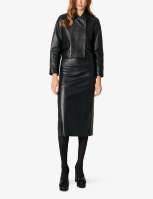 Maje Vaban Double-breasted Leather Blazer In Noir / Gris
