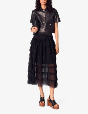 Maje Valdom Short-sleeve Leather Blazer In Noir / Gris
