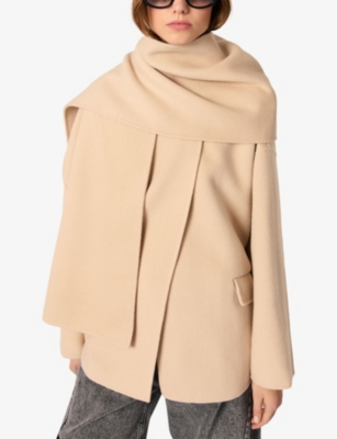 Removable-scarf belted-waist wool-blend coat