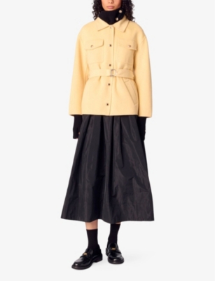 MAJE WOMENS JAUNES / ORANGES SHORT DOUBLE-FACED BELTED WOOL-BLEND COAT 