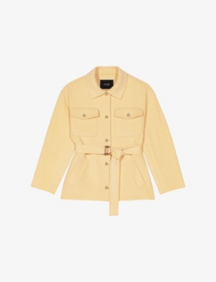 MAJE WOMENS JAUNES / ORANGES SHORT DOUBLE-FACED BELTED WOOL-BLEND COAT 