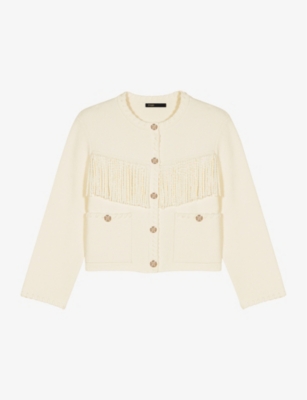 Maje Womens Tassel-embellished Long-sleeve Cotton-blend Cardigan Blanc In Blanc
