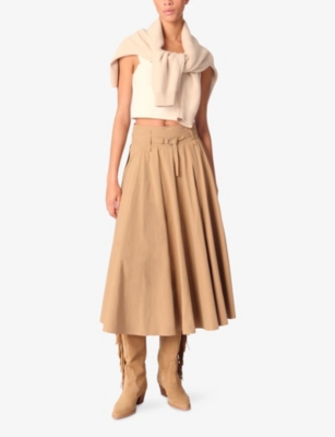 Maje Womens Naturels Belted-waist High-rise Cotton-blend Midi Skirt In Naturels