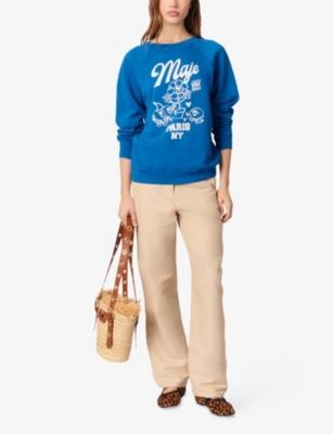 Maje Womens Branded-print Round-neck Cotton-blend Sweatshirt Bleus In Bleus