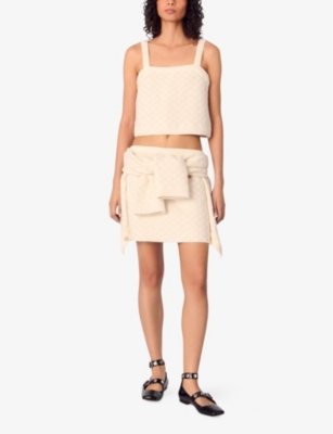 MAJE WOMENS BLANC TWEED-PATTERN CROPPED KNITTED TOP 