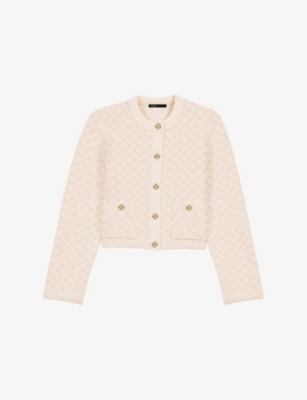 Maje Womens Blanc Tweed-pattern Cropped Knitted Cardigan In Blanc