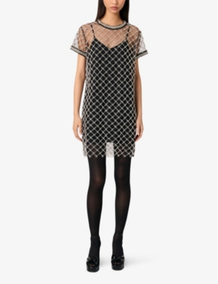 MAJE: Embellished round-neck short-sleeve tulle mini dress