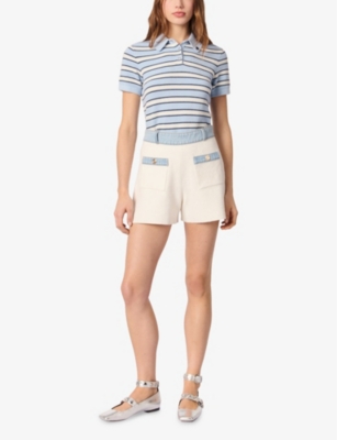 MAJE WOMENS BLANC BUTTON-EMBELLISHED CONTRAST-TRIM STRETCH-COTTON AND DENIM SHORTS 