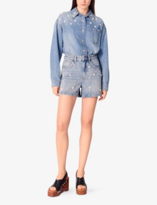 MAJE: Flower-Embellished High-Rise Denim Shorts