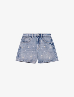 MAJE: Flower-Embellished High-Rise Denim Shorts