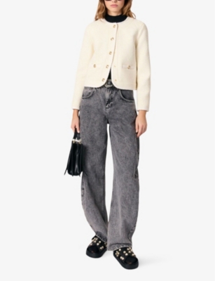 MAJE WOMENS ROUND-NECK BUTTON-DOWN COTTON AND WOOL-BLEND BLAZER BLANC 