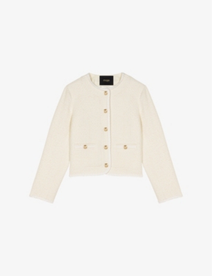 Maje Womens Round-neck Button-down Cotton And Wool-blend Blazer Blanc In Blanc