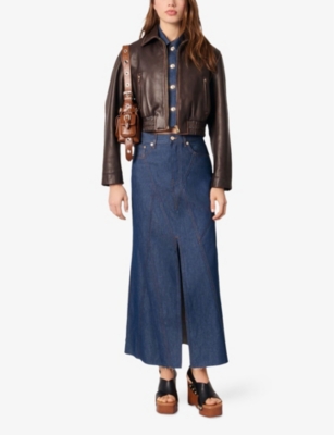 Maje Long Denim Skirt In Bleus