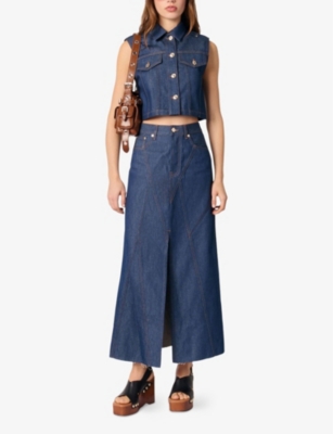 MAJE: Sleeveless Cropped Denim Jacket