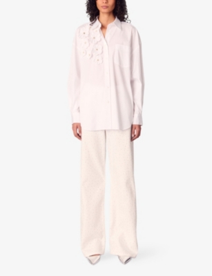Maje Long Shirt With Embroidered Flowers In Blanc