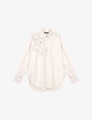 Maje Long Shirt With Embroidered Flowers In Blanc