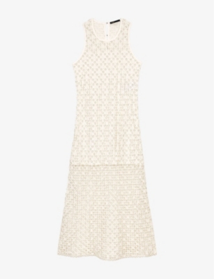 Maje Womens  Bead-embellished Crochet-overlay Woven Midi Dress In Blanc