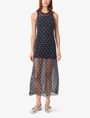 Maje Crochet Beaded Midi Dress In Bleus