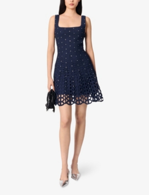 MAJE: Rhinestone-Embellished Square-Neck Crochet Mini Dress