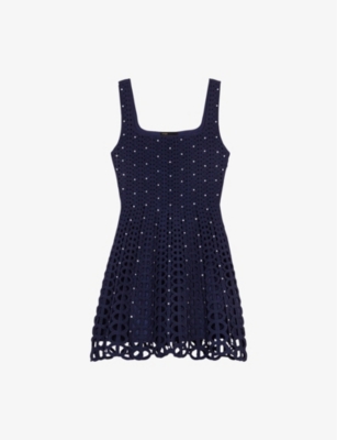 MAJE: Rhinestone-Embellished Square-Neck Crochet Mini Dress