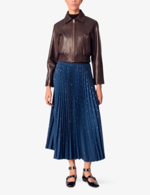MAJE: Stud-Embellished Pleated Woven Midi Skirt