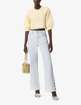 MAJE: Rhinestone-Embellished Puff-Sleeve Knitted Cardigan
