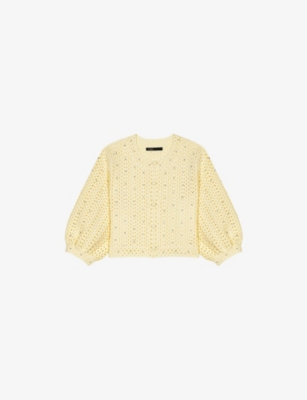 MAJE: Rhinestone-Embellished Puff-Sleeve Knitted Cardigan