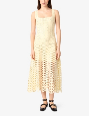 MAJE: Square-Neck Crochet-Embroidered Sleeveless Knitted Midi Dress