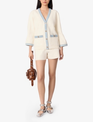 Maje Long Cardigan With Denim Details In Blanc
