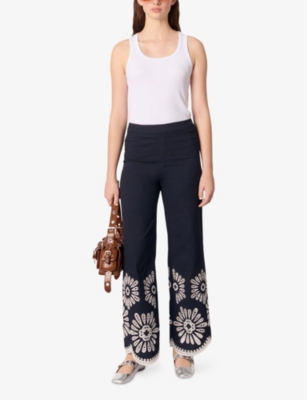 MAJE: Scallop-Hem Crochet-Detail Straight-Leg Cotton Trousers