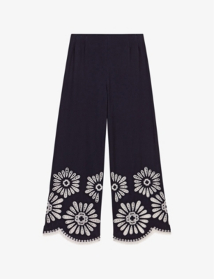 MAJE: Scallop-Hem Crochet-Detail Straight-Leg Cotton Trousers