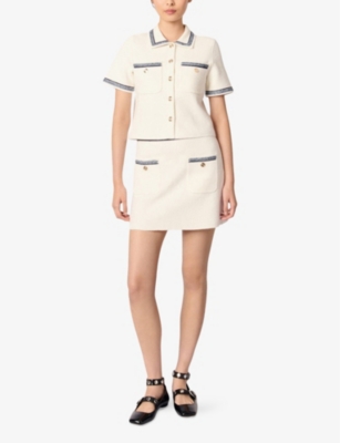 MAJE: Cropped Contrast-Trim Cotton-Blend Knitted Cardigan
