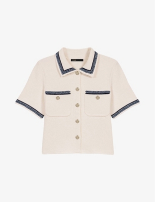 MAJE: Cropped Contrast-Trim Cotton-Blend Knitted Cardigan