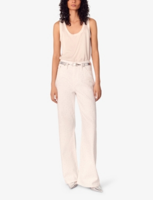 Maje Womens  Rhinestone-embellished Flared-leg High-rise Stretch-denim Jeans In Blanc