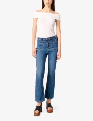 Maje Womens Blanc Bardot-neck Slim-fit Stretch-woven Top In Blanc
