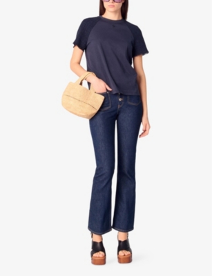 Maje Womens Branded Tweed-sleeved Cotton-jersey T-shirt Bleus In Bleus