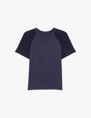 Maje Womens Branded Tweed-sleeved Cotton-jersey T-shirt Bleus In Bleus