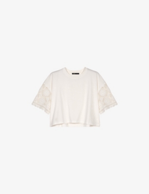 Maje Cotton Crochet-sleeve T-shirt In Blanc