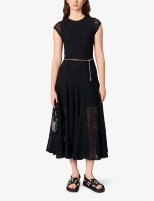 MAJE: Chain-Belt Short-Sleeve Crochet Stretch-Knit Midi Dress