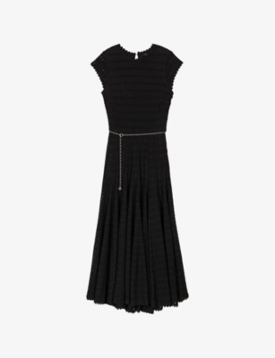 MAJE: Chain-Belt Short-Sleeve Crochet Stretch-Knit Midi Dress