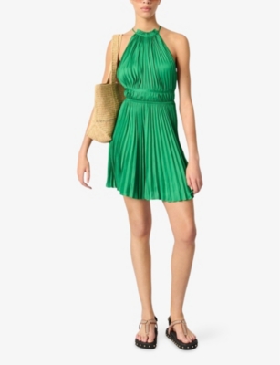 MAJE: Halter-Neck Tie-Waist Pleated Woven Mini Dress