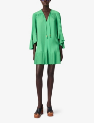 MAJE: Tie-Neck Wide-Sleeve Pleated Woven Mini Dress