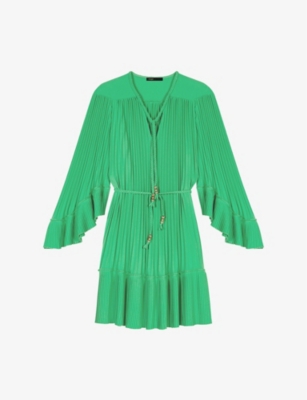 MAJE: Tie-Neck Wide-Sleeve Pleated Woven Mini Dress