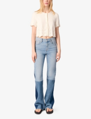 MAJE: Round-Neck Short-Sleeve Embroidered Stretch-Knit Cardigan