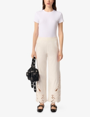 MAJE: Scalloped-Trim Mid-Rise Embroidered Stretch-Cotton Trousers