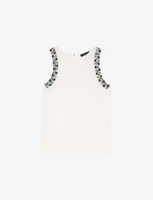 MAJE: Jewel-Embellished Sleeveless Cotton T-Shirt